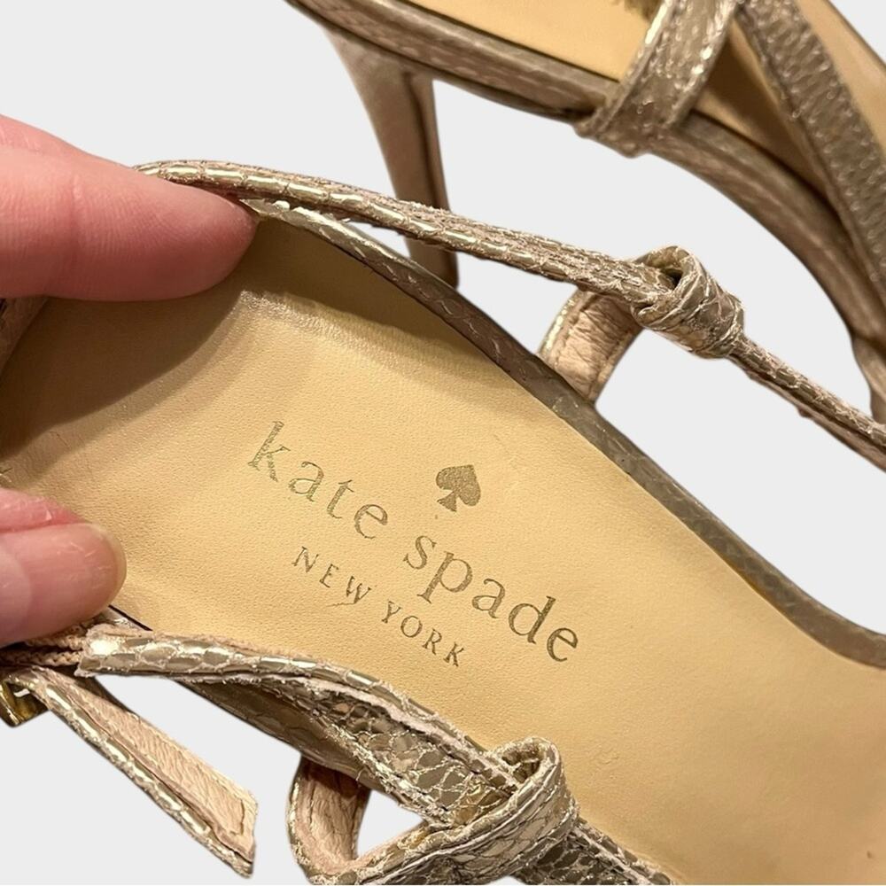 KATE SPADE Platino Gold Snake Embossed Strappy Heels Size 8 Glam - Picture 7 of 9